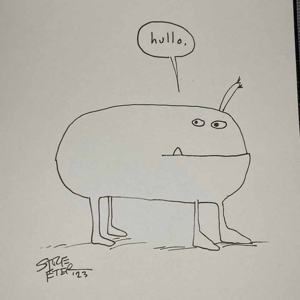 Ink drawing of a creature shaped like a potato with four legs
