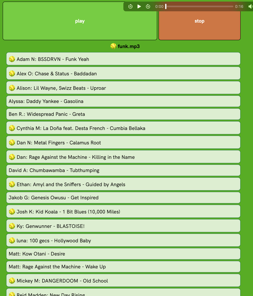 A screen shot of the "softball walkup song n' such" web app