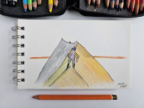 An abstract drawing of a climber on a razor edge on Jannu looking toward a partner on a similar ridge far in the distance.