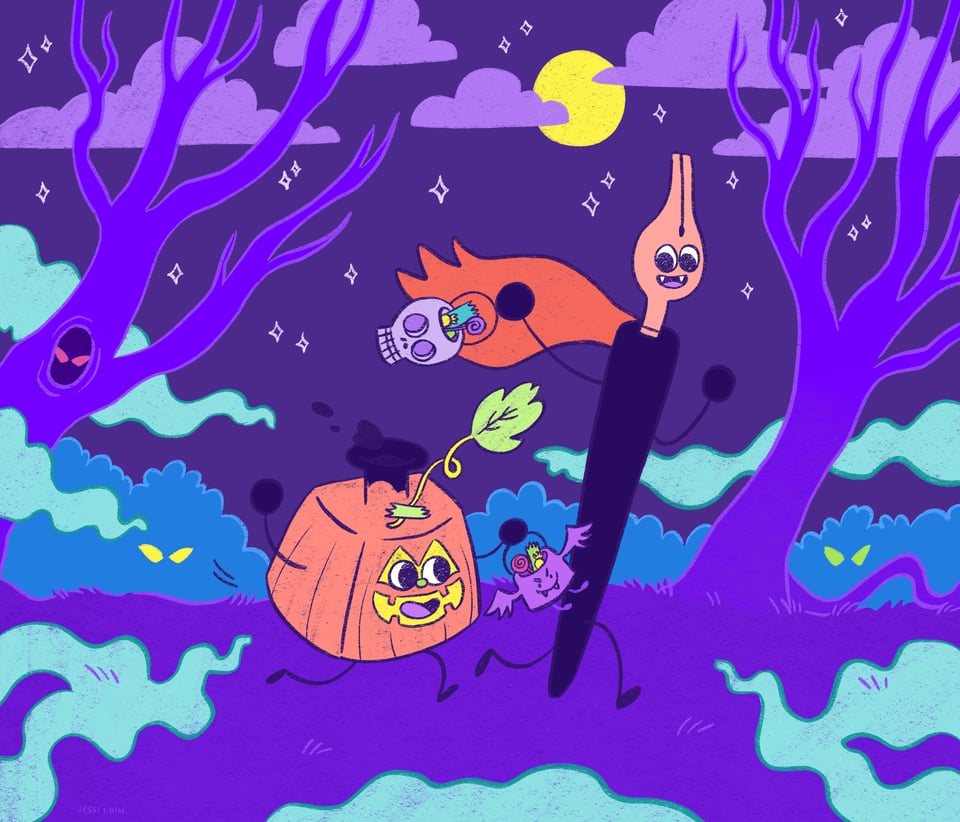 Illustration of Cartoonist Cooperative's mascots, Inkling (an ink bottle) and Nibford (a dip pen) in costumes for Halloween, as drawn by Jessi Eoin. Inkling is dressed as a jack-o-lantern, covered with orange and yellow paint and a leaf on a vine taped to the top of their head. Nibford is dressed as a vampire with a red cloak and fangs. They both dash through a dark wooded area with a full moon in the cloudy sky, and eerie glowing eyes watch as they run past with their trick-or-treat buckets full of candy. An ominous fog creeps toward them from all angles.