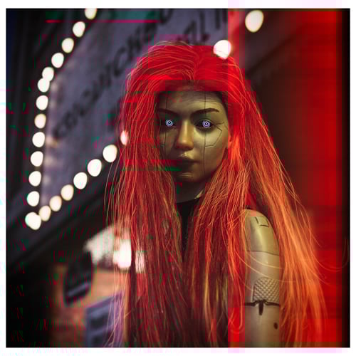 A portrait of a cyborg woman with glowing long red hair. She has glowing green eyes that are concentric circles, and her skin is synthetic and covered in ridges and plasticy folds. The backgound is a nighttime shot of a building with an old-time movie theater type billboard, with blurred black on white lettering surrounded by dozens of white light bulbs.
