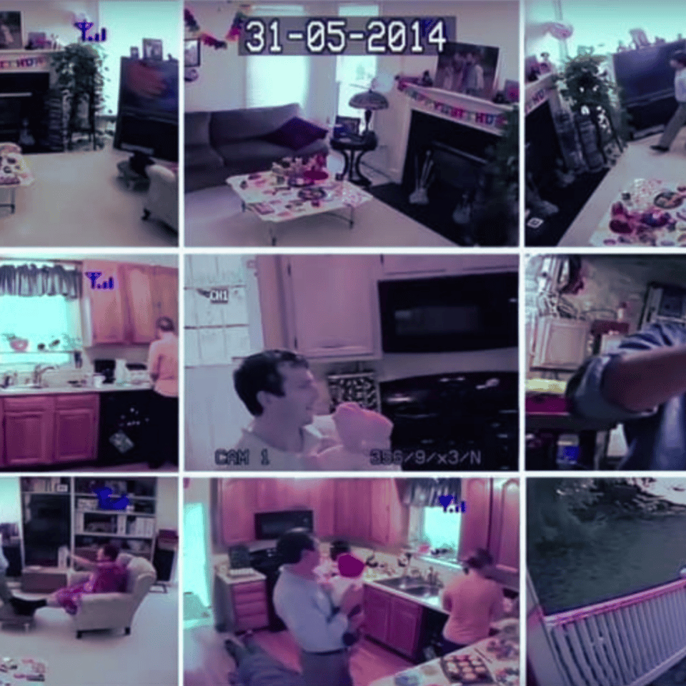 A collage of security camera footage from a home on May 31, 2014, showing various rooms and people engaging in different activities.