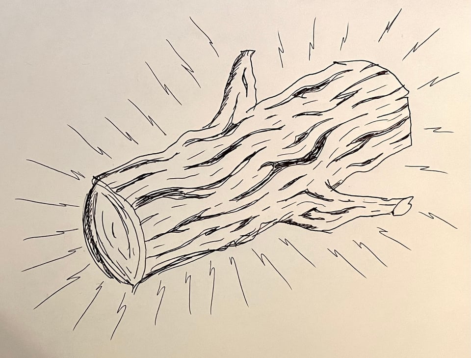 A rough sketch of a thick log with a small branch on either side. The log is surrounded by energetic accent marks in the shape of lightning bolts