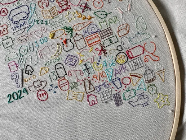 A close-up picture of a piece of embroidery. It has a white background and is covered, in the top half of the picture, with small embroidered colorful icons. Some of them include things like a cowboy hat, a ghost, a helicopter, a star, a battery down to its lowest level of energy, a piece of pie, an ice cream cone, a house, and an “OMG“. In the center of the embroidery he’s written “2024“