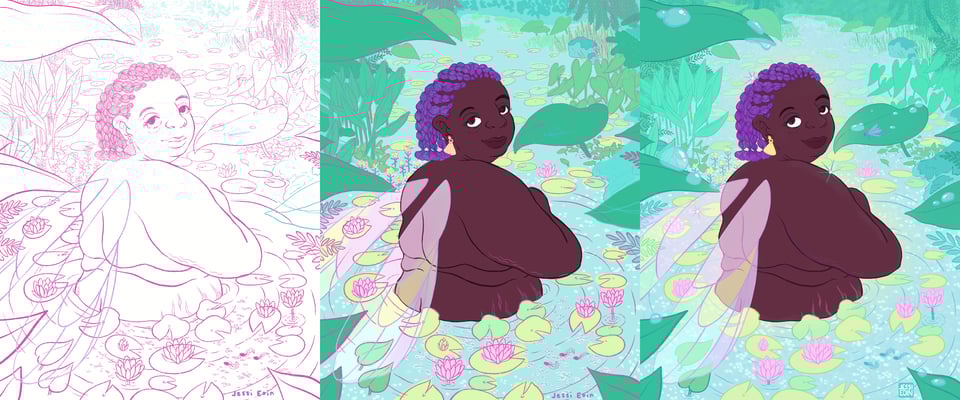 The illustration Lily in three stages of work, all in a row. The leftmost image is the line work done mostly in pink with pops of teal and purple here and there. The middle shows the pink line art with the beginnings of color work hastily laid down in most places. The final, right most image is the completed piece.