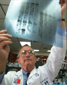 A man in a white lab coat holding up a transparency that shows a bunch of little black lines on it