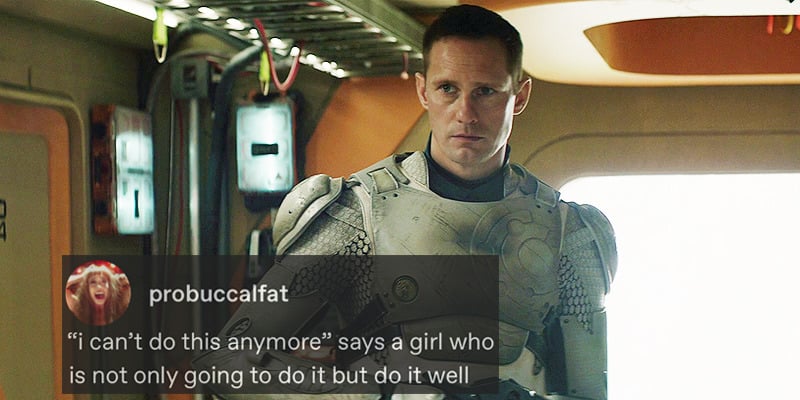 a screencapture from the Murderbot TV show of Murderbot with a social media post overlaid that reads: "I can't do this anymore" says a girl who is not only going to do it but do it well