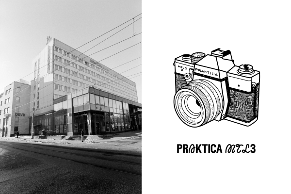 Left: Line art illustration of a Praktica MTL3 analog camera with text. Right: Grainy film photo of the modern IntercityHotel building on a street with tram tracks.