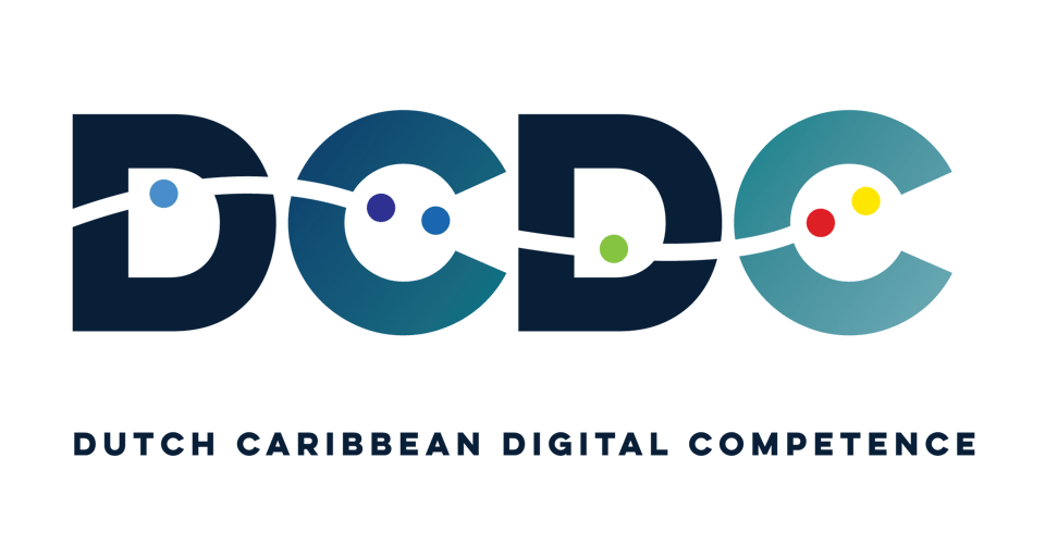 The logo of the Dutch Caribbean Digital Competence Network. The abbreviation DCDC is crossed by a wavy line with six dots in different colours, that represent how the six Dutch Caribbean islands are connected.