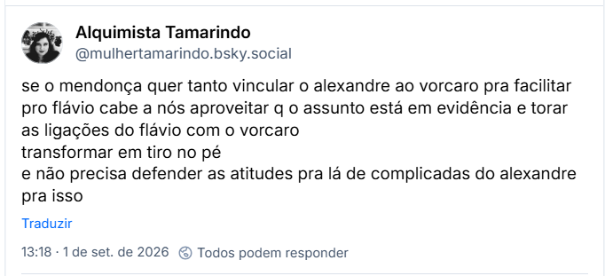 Post de Alquimista Tamarindo (@mulhertamarindo.bsky.social): se o mendonça quer tanto vincular o alexandre ao vorcaro pra facilitar pro flávio cabe a nós aproveitar q o assunto está em evidência e torar as ligações do flávio com o vorcaro
transformar em tiro no pé
e não precisa defender as atitudes pra lá de complicadas do alexandre pra isso