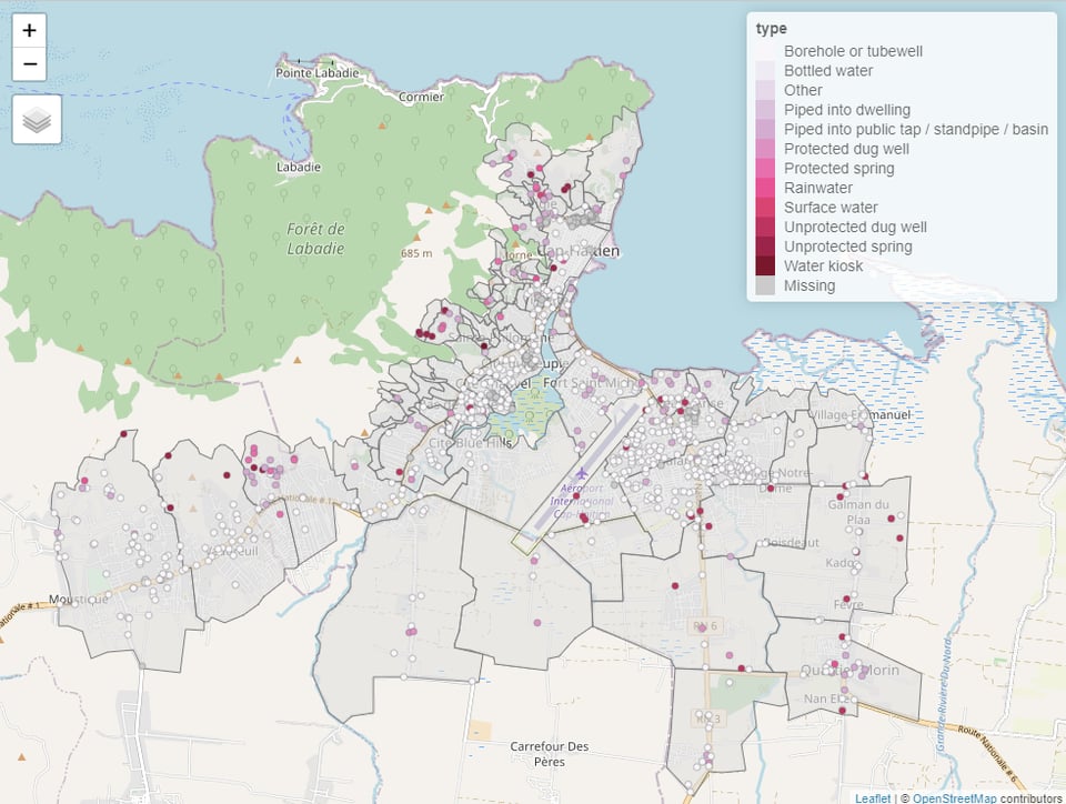 a map showing geospatial data about the locations of water access points and data from a sanitation zoning report for the municipality of Cap Haïtien