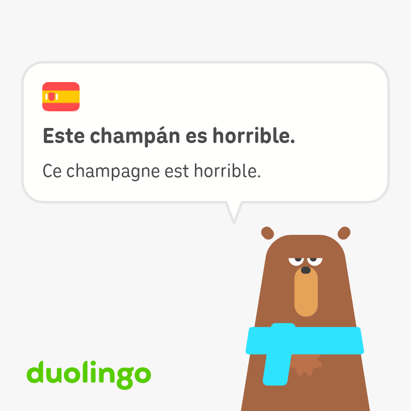 Falstaff, blue scarf-wearing brown bear of Duolingo says, “This champagne is horrible” in French and Spanish