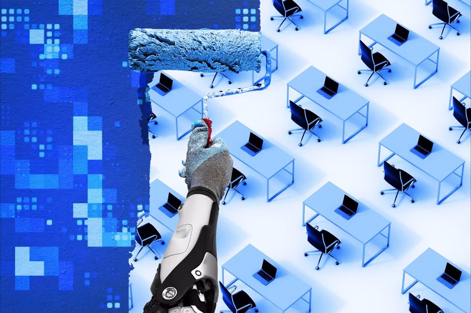 Cover image from WSJ article shows a robot arm running a paint roller over a picture of empty desks