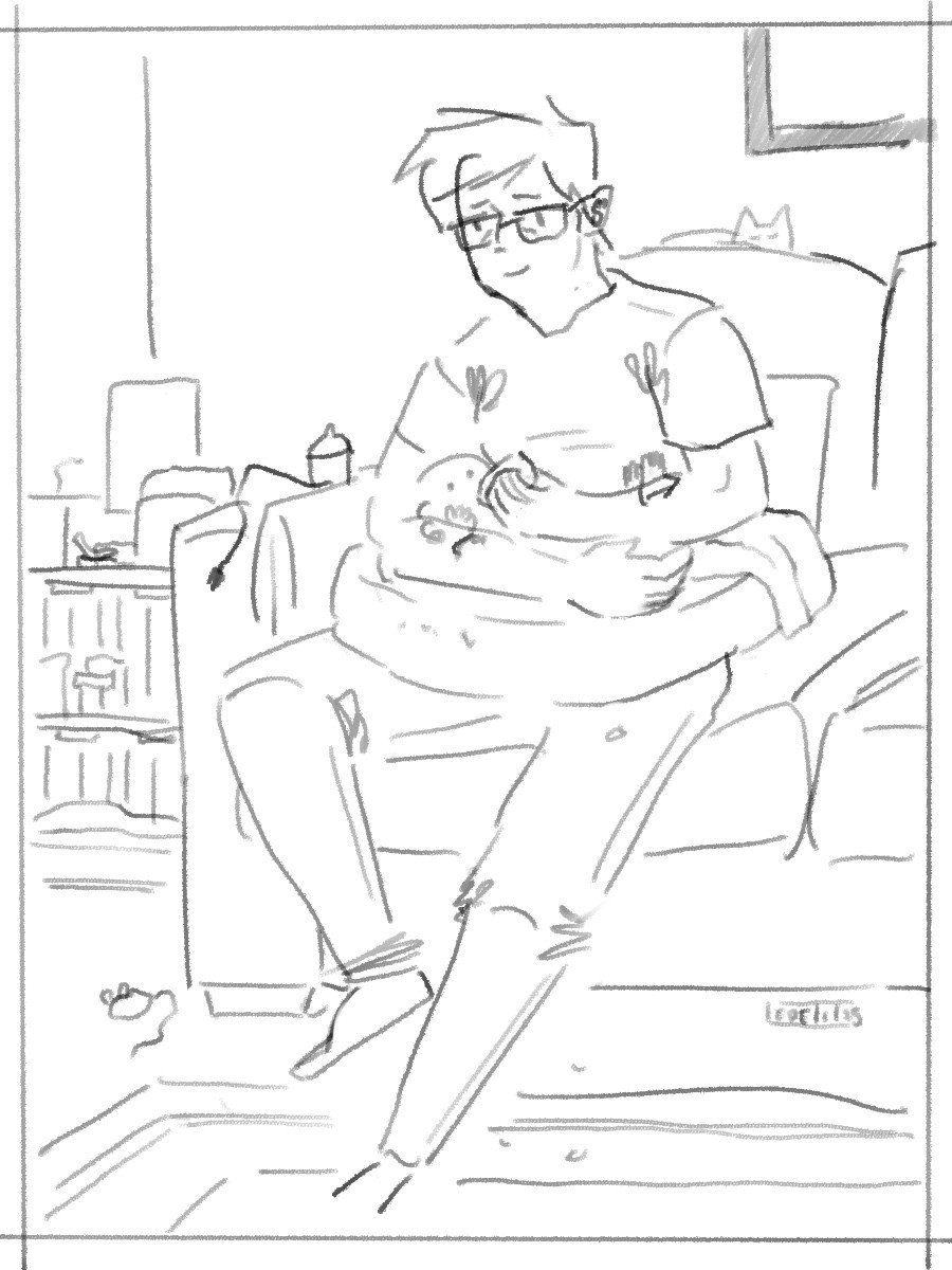 Pencil drawing of Julia Lepetit sitting on a couch while holding a simple depiction of her son Felix. She looks tired, but content. Felix is drinking from a baby bottle.