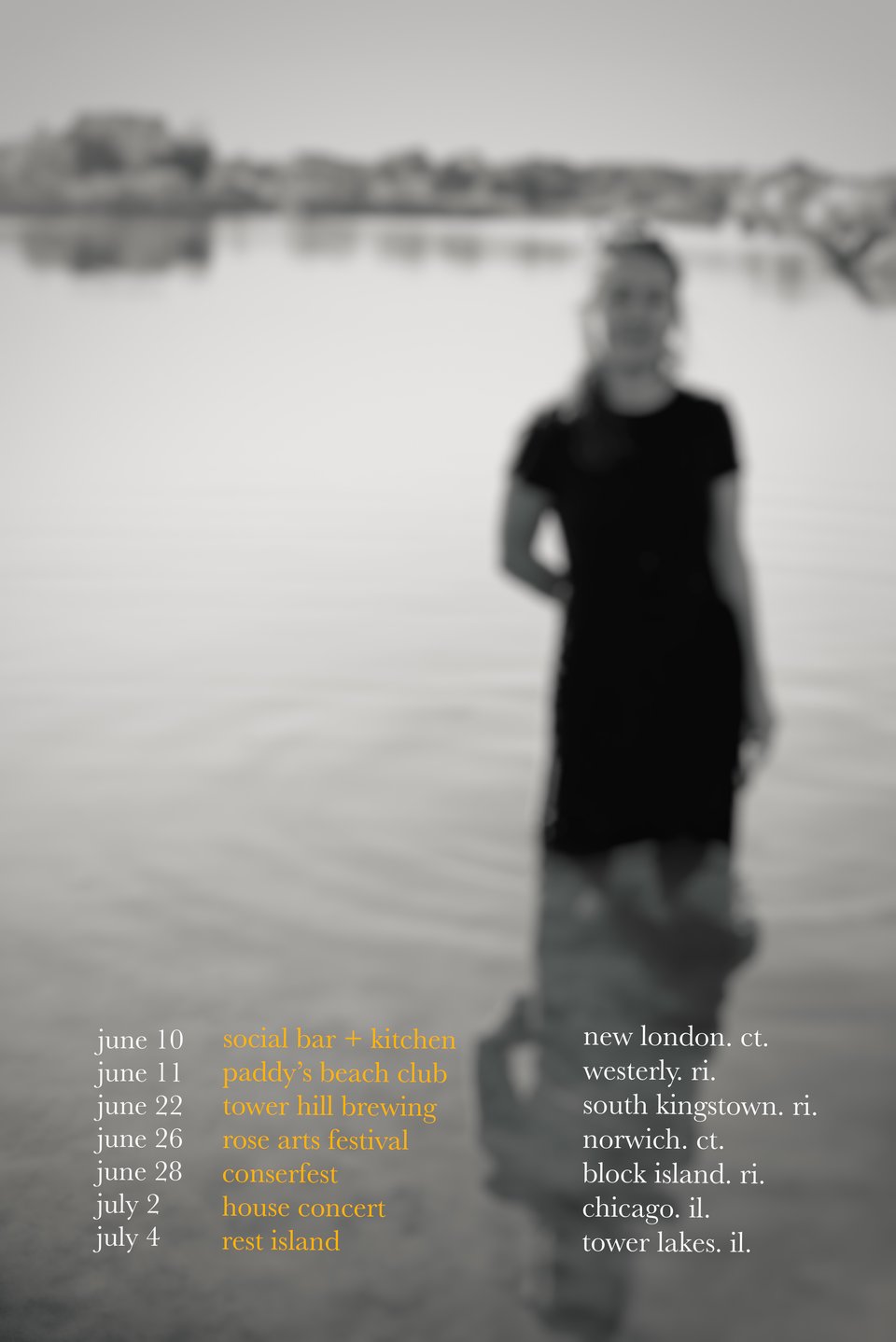 Casey Rivers in a river with a list of shows: June 10 at social bar and kitchen New London, June 11 paddy's beach club, westerly, June 22 at tower hill brewing in south kingstown, ri, june 26 rose arts festival, June 28 conserfest on block island, july 2 house concert in chicago, and july 4 on rest island in tower lakes