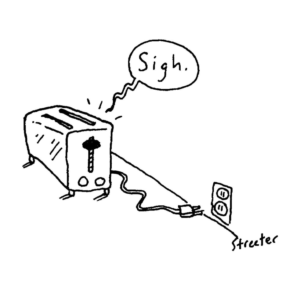 Cartoon of a frustrated unplugged toaster