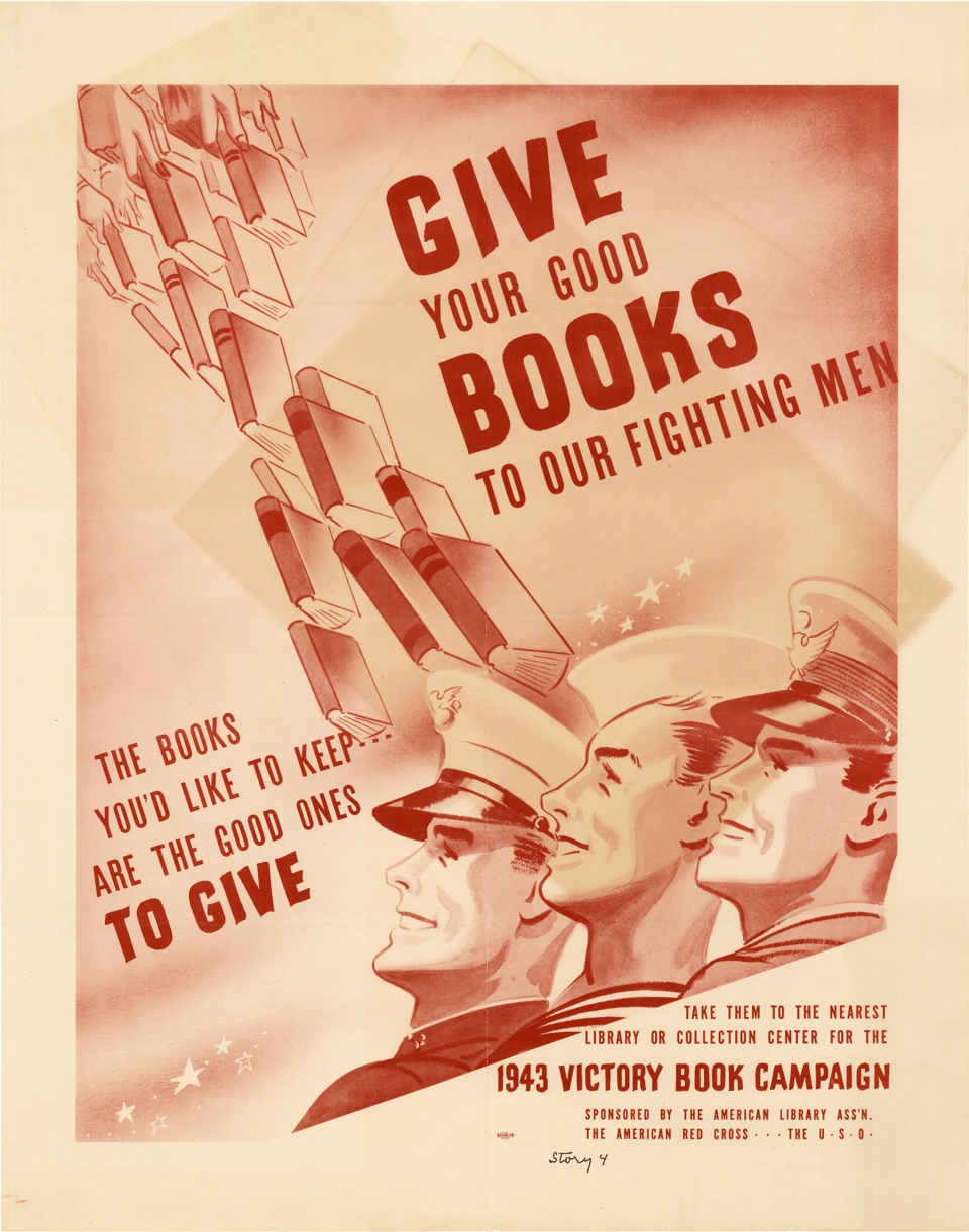 This alt text is from the UNT description of the item: Poster is printed in burnt sienna color. At the lower right corner are shown the heads and shoulders of three military men in uniform. In the upper left corner are hands holding books. A stream of books falls from the hands toward the men.