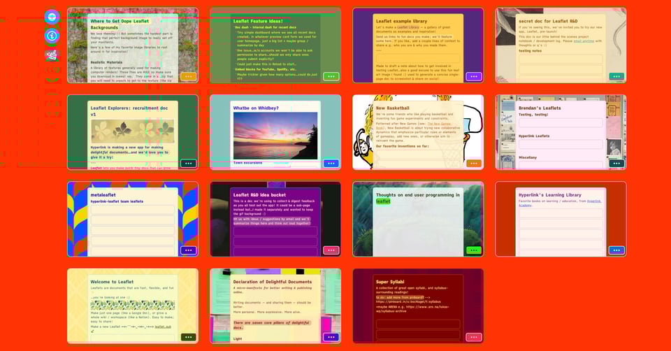screenshot of Brendan's Leaflet homepage, with thumbnails of 15 documents, each with a different theme