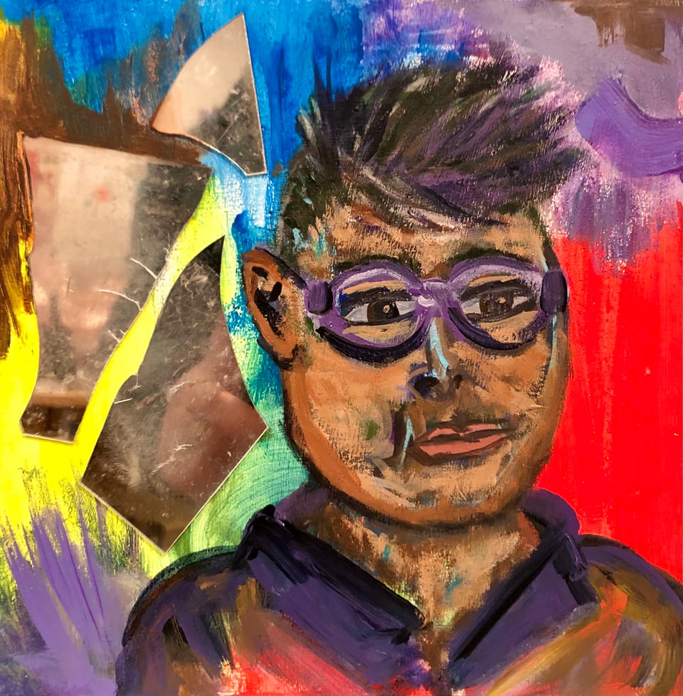 A painted light skinned brown person looks off into the distance with short hair and purple glasses and neon abstract background