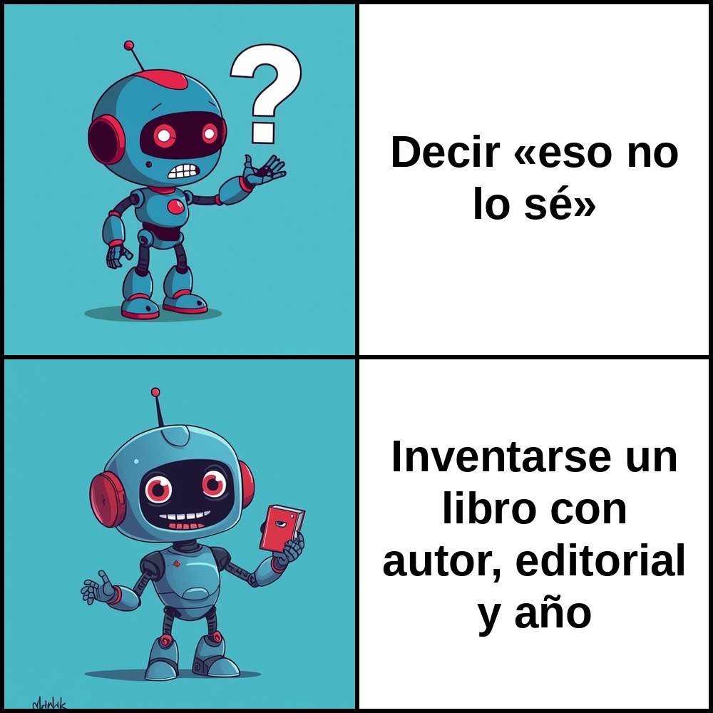 Meme de dos viñetas: un robot de dibujos rechaza con asco decir «eso no lo sé» y aprueba encantado inventarse un libro con autor, editorial y año.