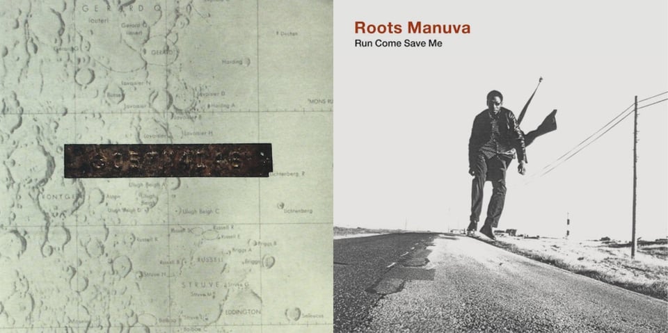 First pic: A drawn map of some kind of mountainous territory, with longitude and lattitude lines -- it could be the moon? There is a thin rectangular piece of rusted metal placed in the middle. Stamped on the metal are a series of numbers. Second pic: A black and white photo of Roots Manuva, a Black man, seemingly hovering over a road in what looks like the desert, or at least a very desolate-looking place. HIs jacket and his button-down shirt blow in the wind. There is a telephone pole and wires to the right.