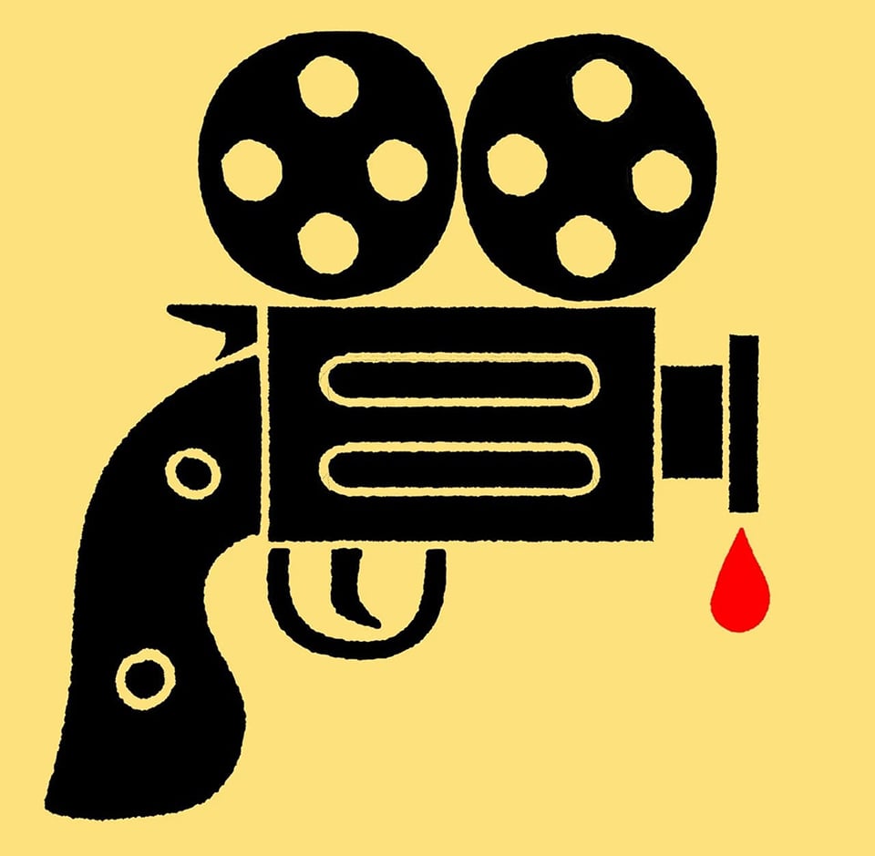 A pop-art style illustration from the poster for Closed Circuit: a handgun has two film projection reels perched atop it, and a drop of blood drips from the barrel.