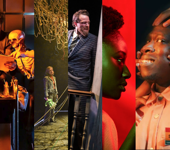 A line-up of images from shos in this section. From left to right: a skeleton reading (Rewind); a woman in a grey pantsuit holding a bunch of flowers, standing under a mess of cables (A Family Business); a bearded man in a pinstriped suit, screaming at a door (Metamorphosis); the performer Heather Agyepong, lit in warm red and green lights (Shifters); a man named Samuel grimacing as hands pull at his face and body (Samuel Takes A Break).