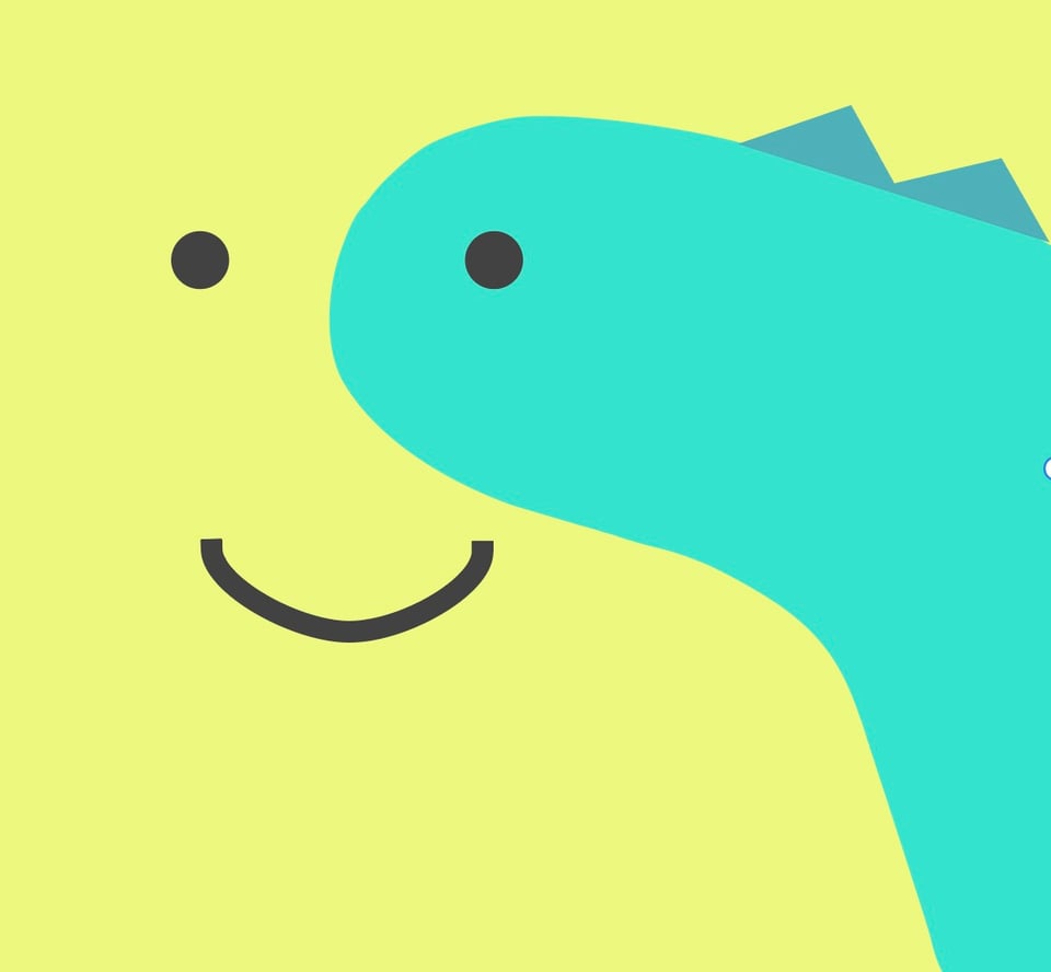 A logo featuring a yellow smiley face behind the profile of a blue stegosaurus. Their eyes are aligned.