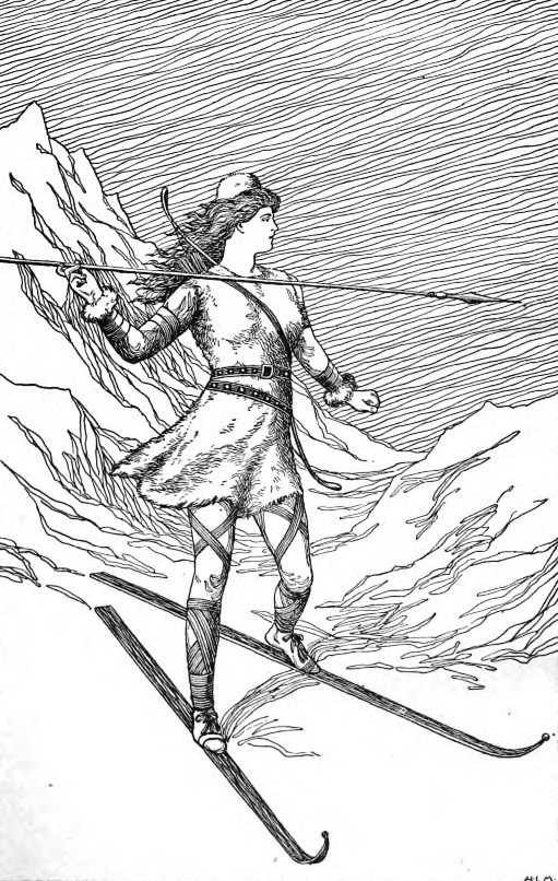 The giantess Skadi, posing on a set of long skis down a steep mountain slope. One of her arms is poised, holding a long spear, as she sights a target.