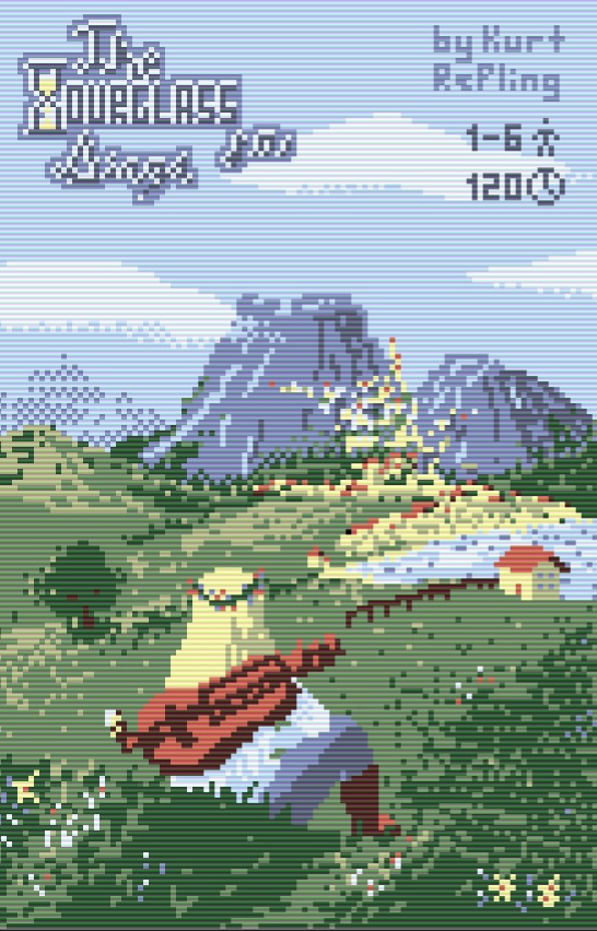 A figure sits on a hillside of a pixel art landscape. The figure has light blue clothes, long blonde hair with a flower crown, and a hurdy-gurdy. In the distance, a town spreads out across a hilly landscape and into the mountains. Above, text reads "The Hourglass Sings, by Kurt Refling. 1-6 players, 120 minutes."