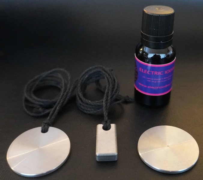 Combo package: 2 grounding coins, a grounding pendant, bottle of electric iodine