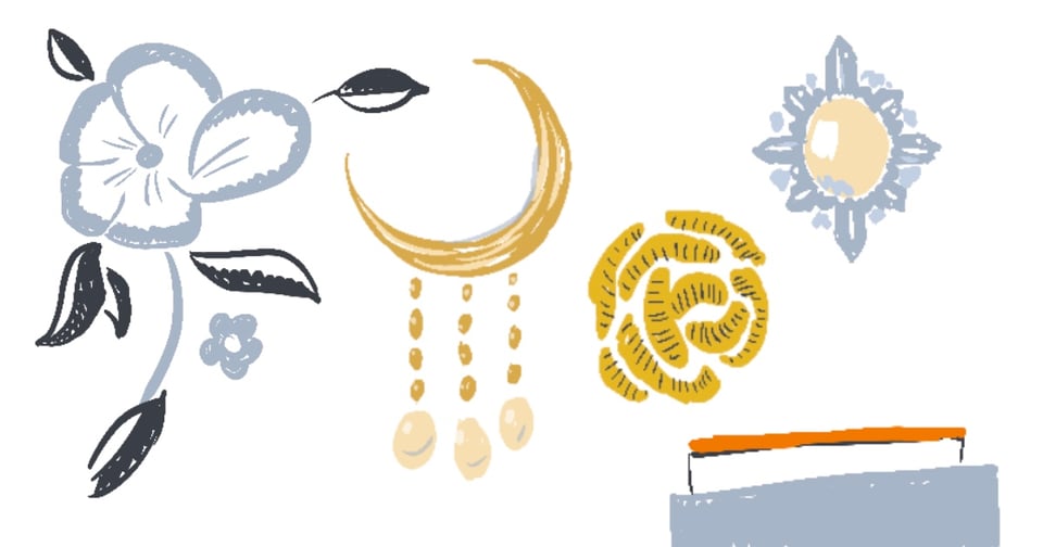 Drawing of a flower, a moon-shaped brooch, a gold rose, a pearl surrounded by a starburst, and an orange and white pocket square.
