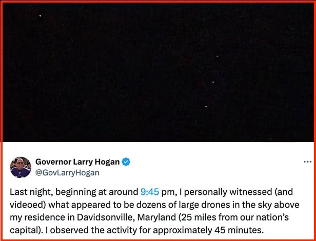Twitter post of Larry Hogan (republican of Maryland) worried about drones but it's really the constellation Orion