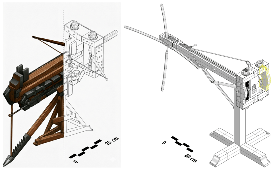 Two drawings of a "polybolos" ancient greek weapon. On the right it's a black and white line drawing of what loks like a sort of mechanized crossbow supported on a pole. On the left the same image is half skinned with a 3D rendering skin of wood and metal