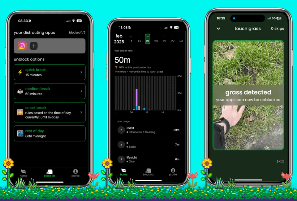 A picture of three iPhone screens, showing the app "touch grass". On the first screen, it lets you select "your distracting apps"; on the second screen, it shows how many minutes you have been using them. On the third screen, it shows a picture of someone's hand touching grass, with the text overlaid on it, saying "grass detected, your apps can now be unblocked"
