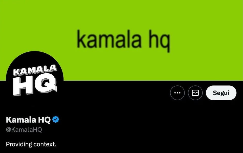Kamala HQ page on X, adopting the blurry and stretched Arial font on a green background as cover image.