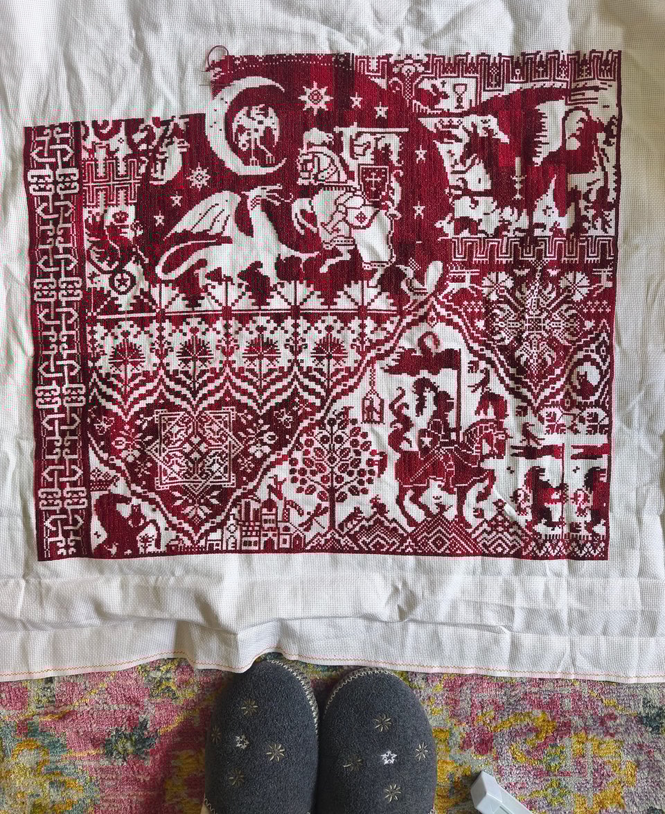 A crossstitch of dragons, way too big and very complex