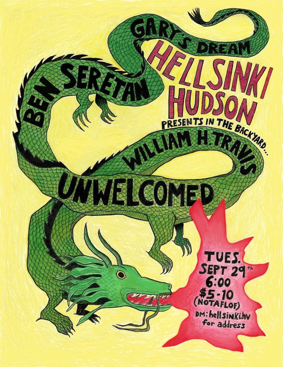 flyer for a show at Hellsinki on September 29th - a green dragon on a yellow background breathing fire