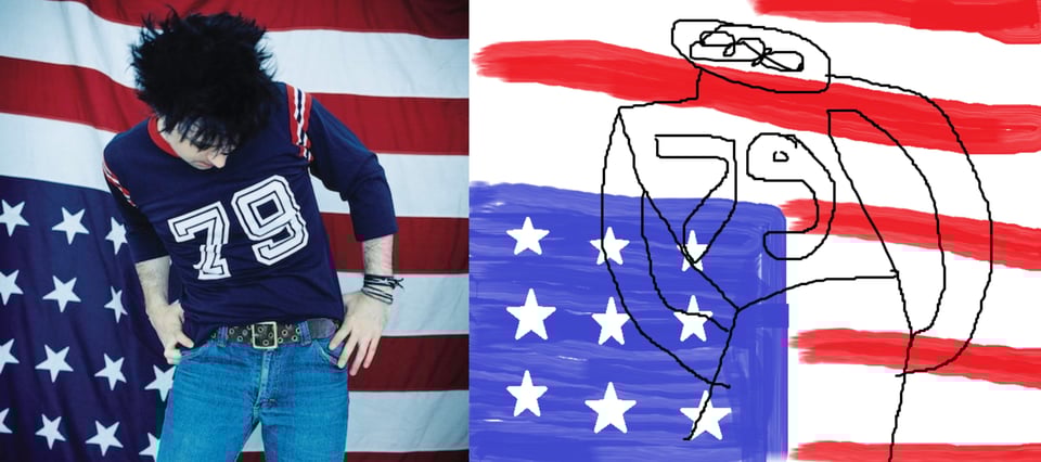 A color photograph of Ryan Adams, a white man wearing a blue long-sleeve shirt with 79 on it and blue jeans. He's looking downward with his thumbs in the sides of his jeans. His hair is black and shaggy. He has a number of bands on his left wrist. Behind him is an upside down American flag.