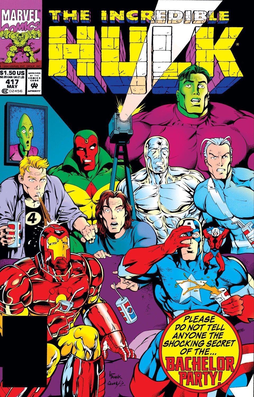 cover for the incredible huk #417 - a bunch of heroes watching a stag film, with text in a yellow circle with red stripe around it saying "please do not tell anyone the shocking secret of the...bachelor party!"