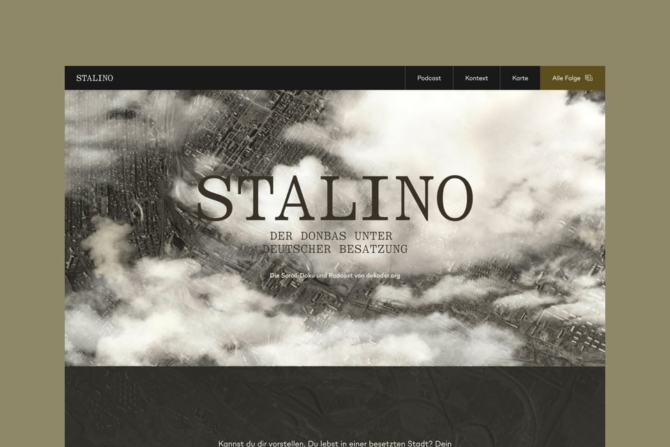 A video showing the header of the project’s website, with aerial view of the city, and the title “Stalino” overlaid on top
