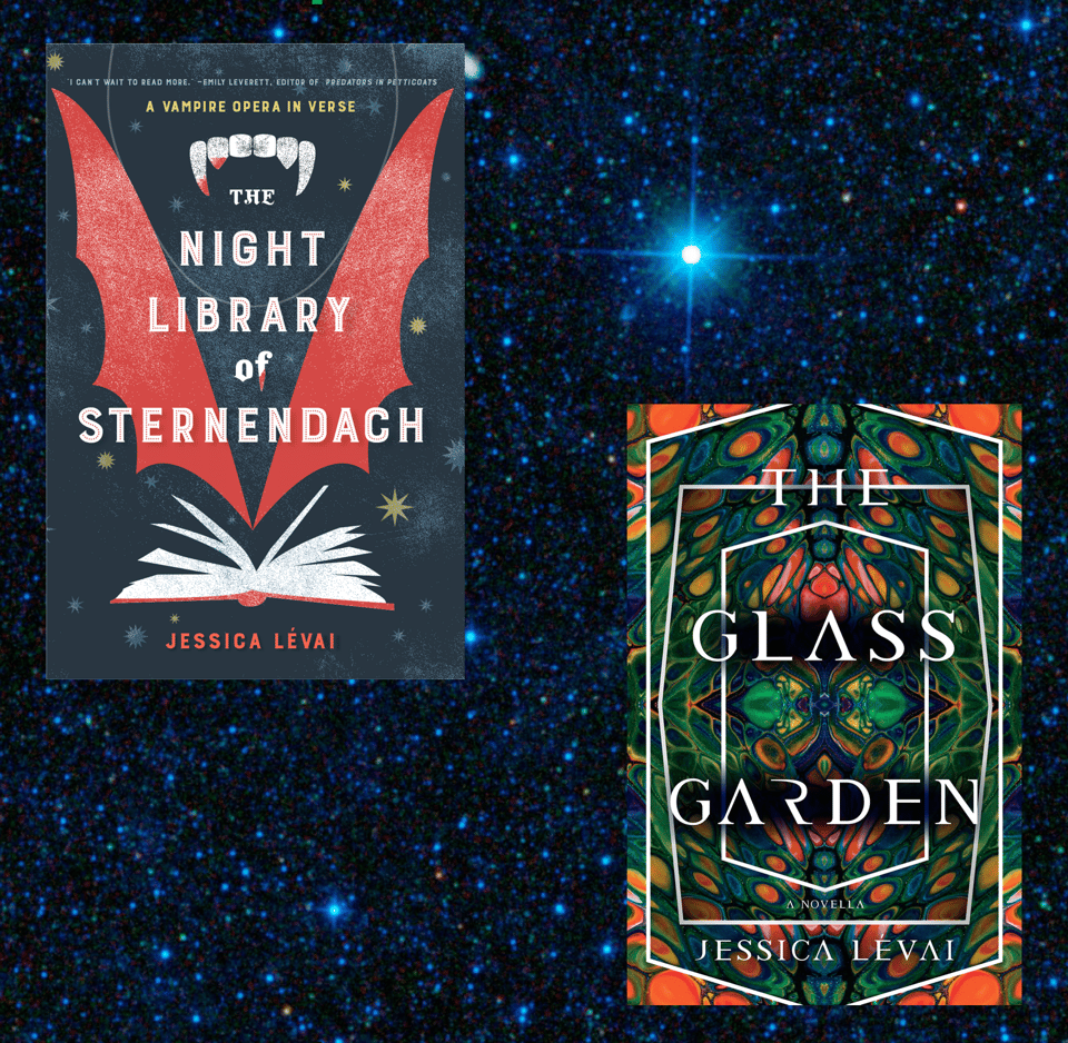 My books on a starry background. The Night Library of Sternendach has bat wings on the cover, The Glass Garden has a kaleidoscopic image.