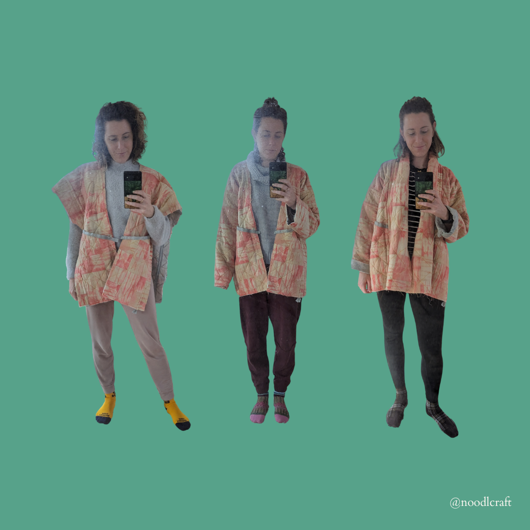3 Natalies wearing the jacket at various stages of sewing, in cozy comfortable sweatpants and socks.