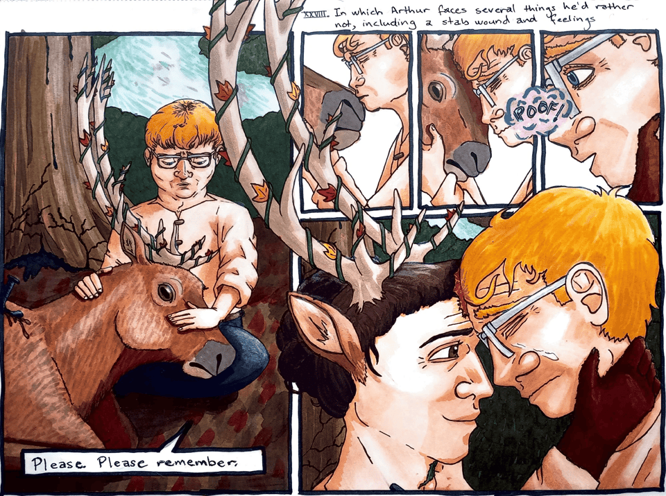 five-panel mini comic in full color of a scene from E.M. Anderson's the Lord of the Wood. Arthur, a white man with blue eyes, glasses, and a mop of golden hair sits on the forest floor, cradling a stag's head in his lap and saying, "Please. Please remember." He kisses the stag's nose, presses his forehead against the stag's, then, after a magical poof, looks up in surprise to find a white man with a deer's ears, antlers, hazel eyes, and black hair in a knot cradling his neck with a hand that has become more like a paw. This is Ira, looking weary but smiling reassuringly. Arthur bursts into tears, relieved.
