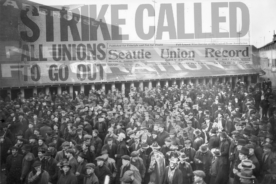 Image is of thousands of strikers at the Seattle General Strike. Overlaid on the image is a newspaper headline: "All Unions Go Out"