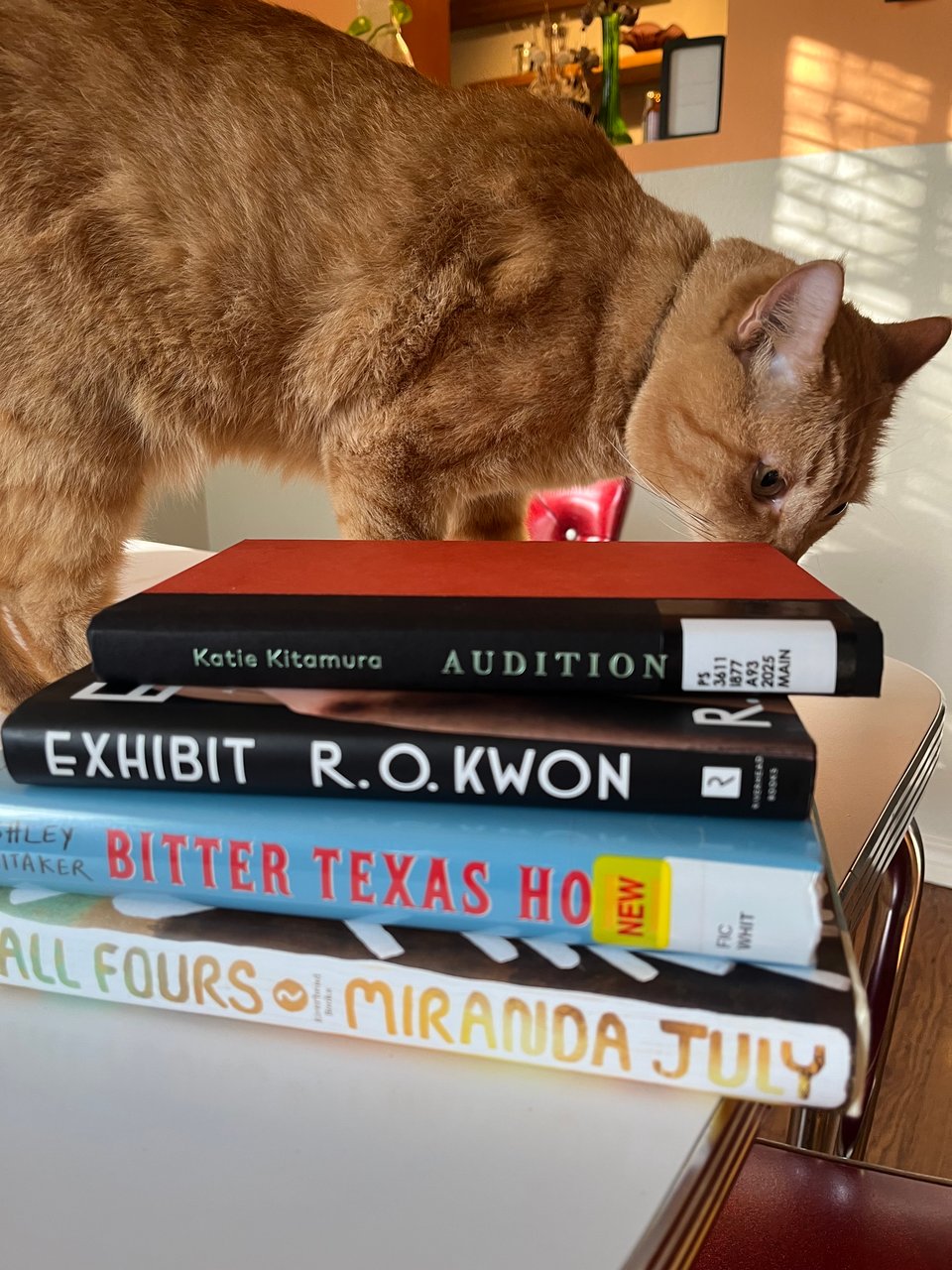 A stack of hardcover books on a table with an orange tabby cat sniffing them.