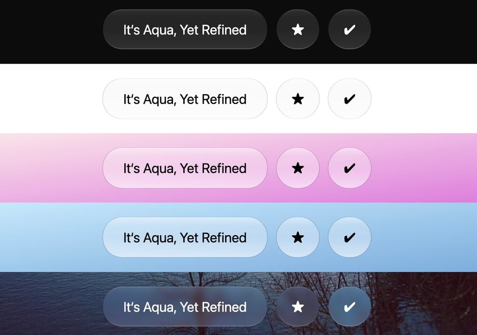 Screenshot of what Liquid Glass controls produced by CSS look like over various backgrounds.