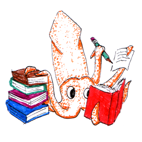 A pen and ink doodle of an orange squid with a stack of colorful books, reading and taking notes.