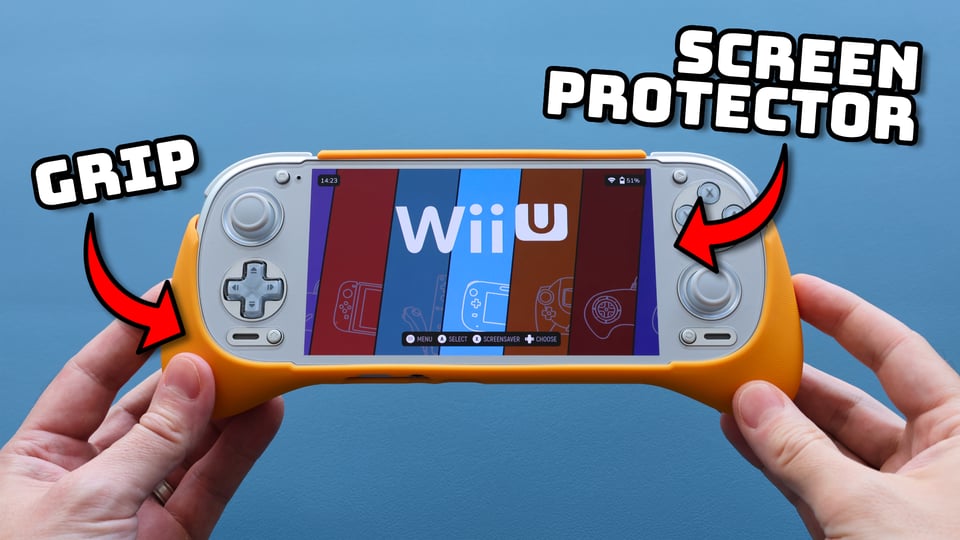 hands holding a retro gaming handheld with a yellow grip with the captions "grip" and "screen protector"