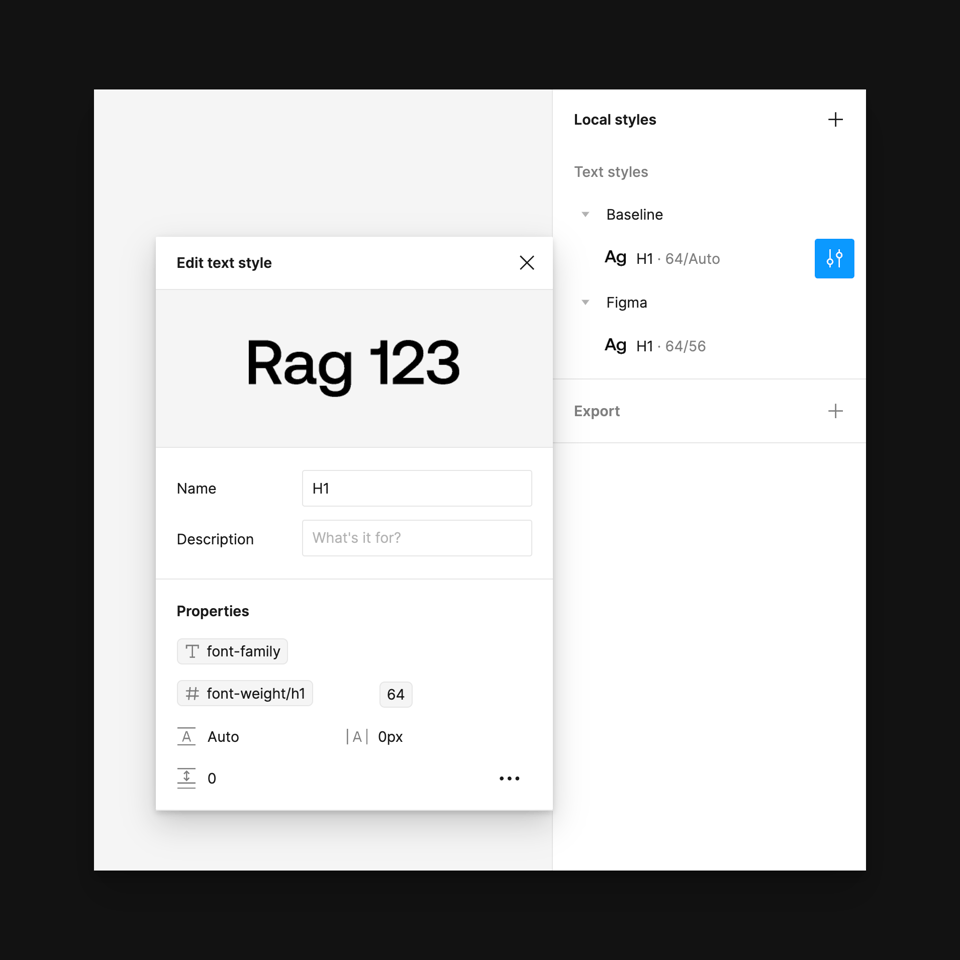 A screenshot of text style panel in Figma that demonstrates saving a text style, which uses variables.